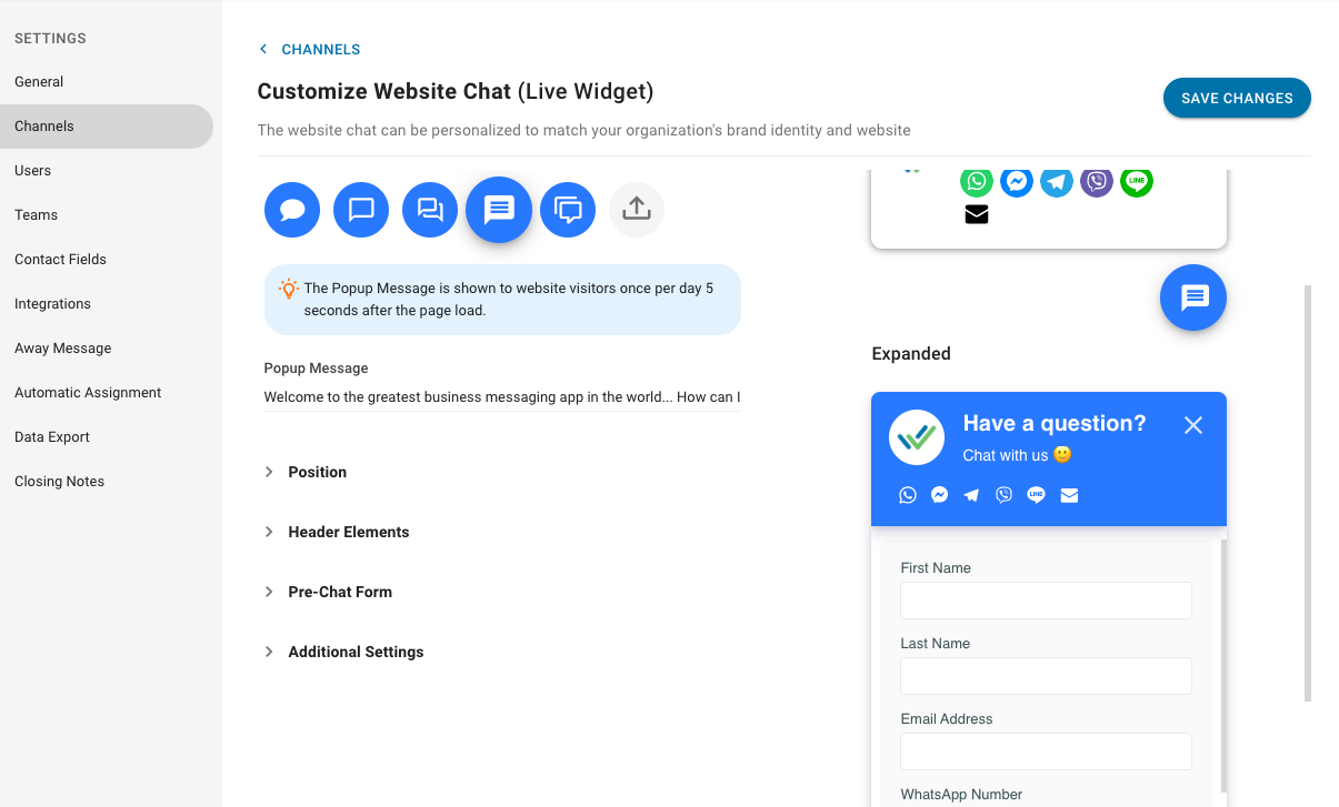 Customizing your Website Chat Widget’s Popup Message