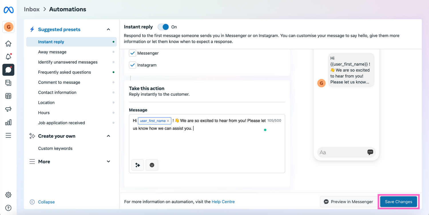 Instagram auto responder: Click on Save Changes to save Instagram auto response