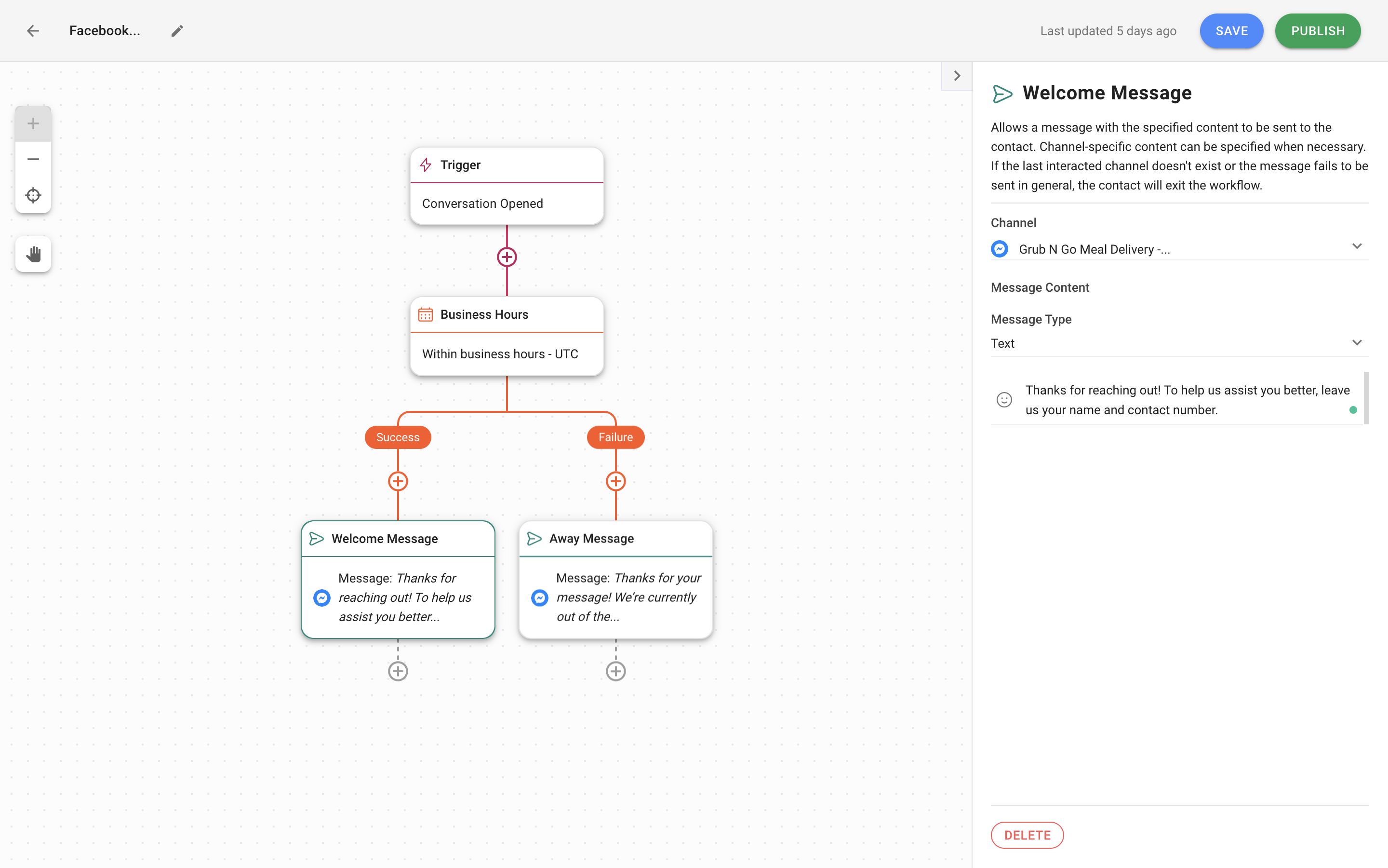 This is an image showing how to set up Facebook automated responses using respond.io. On the platform, add one or more Send a Message Steps.