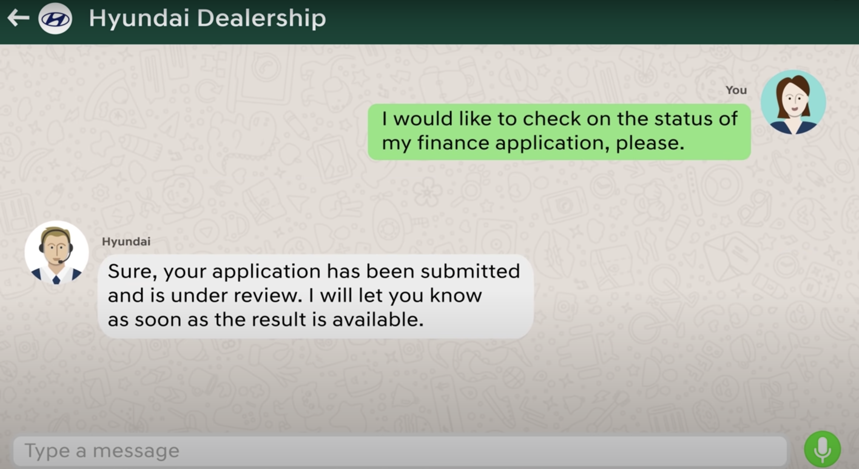 This is a picture of WhatsApp chat conversation between a car buyer and a Hyundai India sales representative. Car sales have been hit hard by lockdown, India recorded zero car sales last month. To kickstart sales, Hyundai India has launched the Click to Buy WhatsApp sales campaign. 