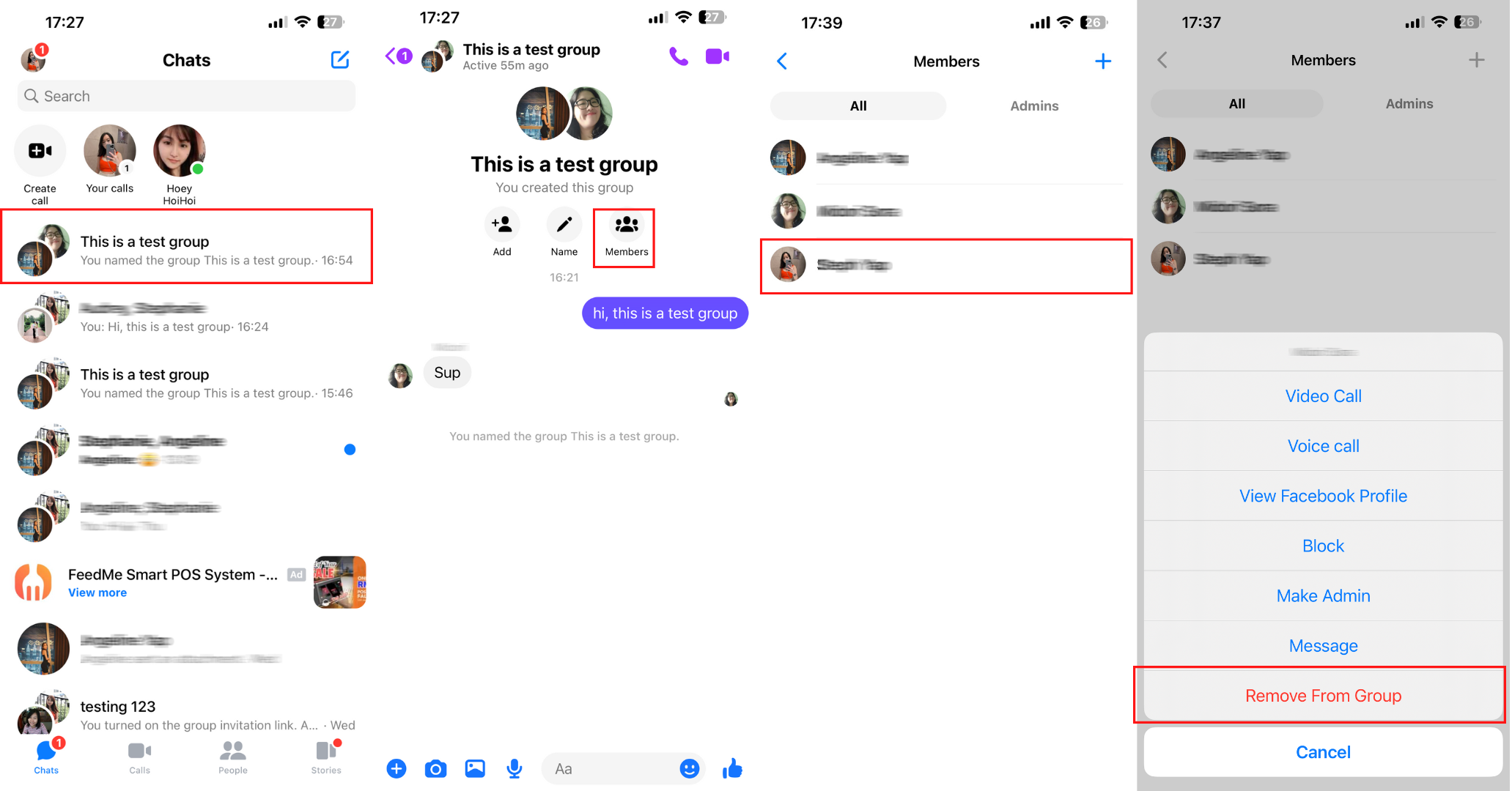 This is an image that describes how to remove someone from a group chat on messenger. Open the group conversation, then click members, next select the member you want to remove and click Remove from Group