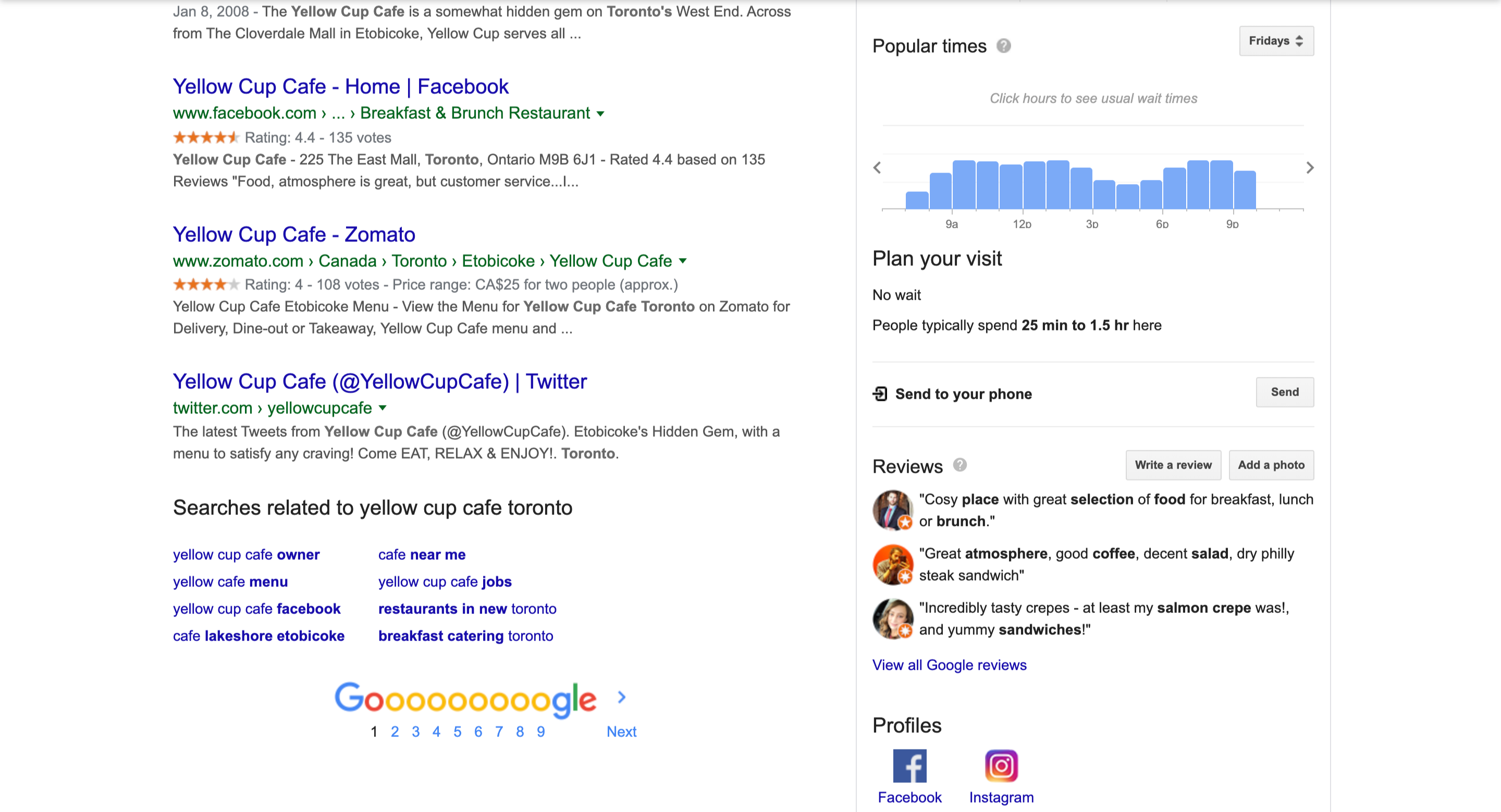 Customers can see a graph showing Popular times, based on when people visit your location, indicating peak hours of business and leading you to the section Plan your visit, where people can see the average time customers spend at your business location. People also search for is a section that appears under Reviews and Profiles. It provides related suggestions for similar businesses. This offers a useful way to identify your main competitors on Google Search.