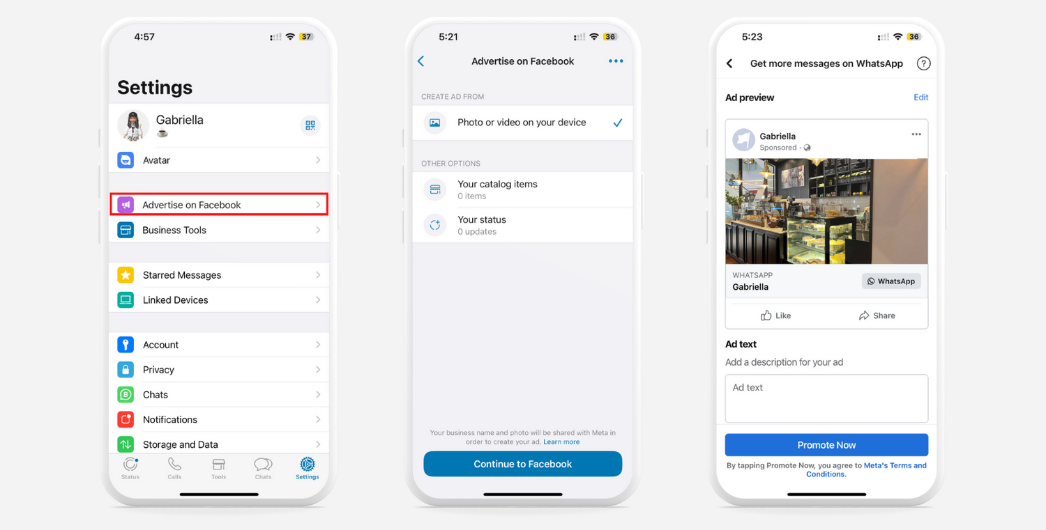 WhatsApp Business App: Settings > Advertise on Facebook > Select content