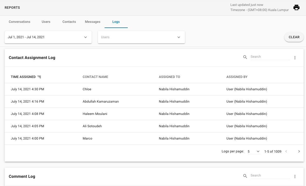 Contact Assignment Log and Comment Log