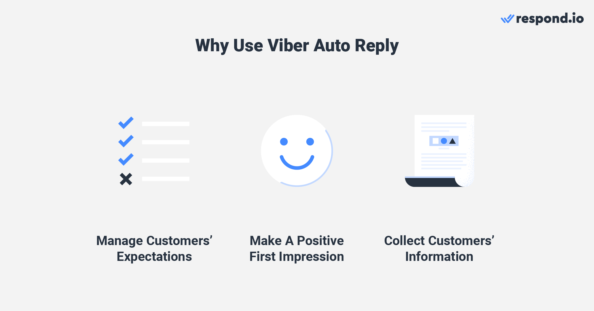 This is an image that describes the benefits of using auto reply in Viber. Automating messages helps to manage customers' expectations, create a strong first impression and you can also add a pre-chat survey to collect customers' information.