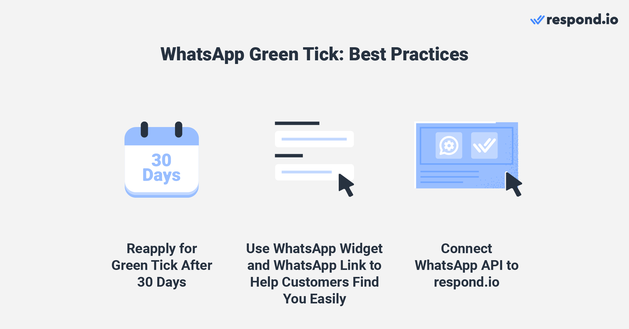 green tick mark whatsapp best practices after applying for the green tick: If you apply for a green tick by yourself, it typically takes about 2-4 business days for you to know if your application is successful. If it gets rejected, you can reapply for green tick verification after 30 days. However, Meta encourages businesses to take time to build the business's presence in news articles before reapplying. Contrary to popular belief, having a verified Facebook Page or Instagram profile does not mean you will get verified on WhatsApp. But there are a few other ways you can associate your WhatsApp account with your business.  For instance, you can add a WhatsApp Widget on your website and a WhatsApp link on your Instagram profile and Facebook Page to help customers reach your authentic WhatsApp account easily. If you’re currently using the WhatsApp Business App and would like to upgrade to WhatsApp API to apply for the green tick, create your WhatsApp API account through a BSP or directly from Meta and connect it to respond.io.  By connecting your API to respond.io, you can use WhatsApp business with multiple users and connect your WhatsApp CRM to conduct marketing, sales, support and more from one platform. Now that we’ve shown you everything you need to know, we hope you can apply and get the green tick in no time!