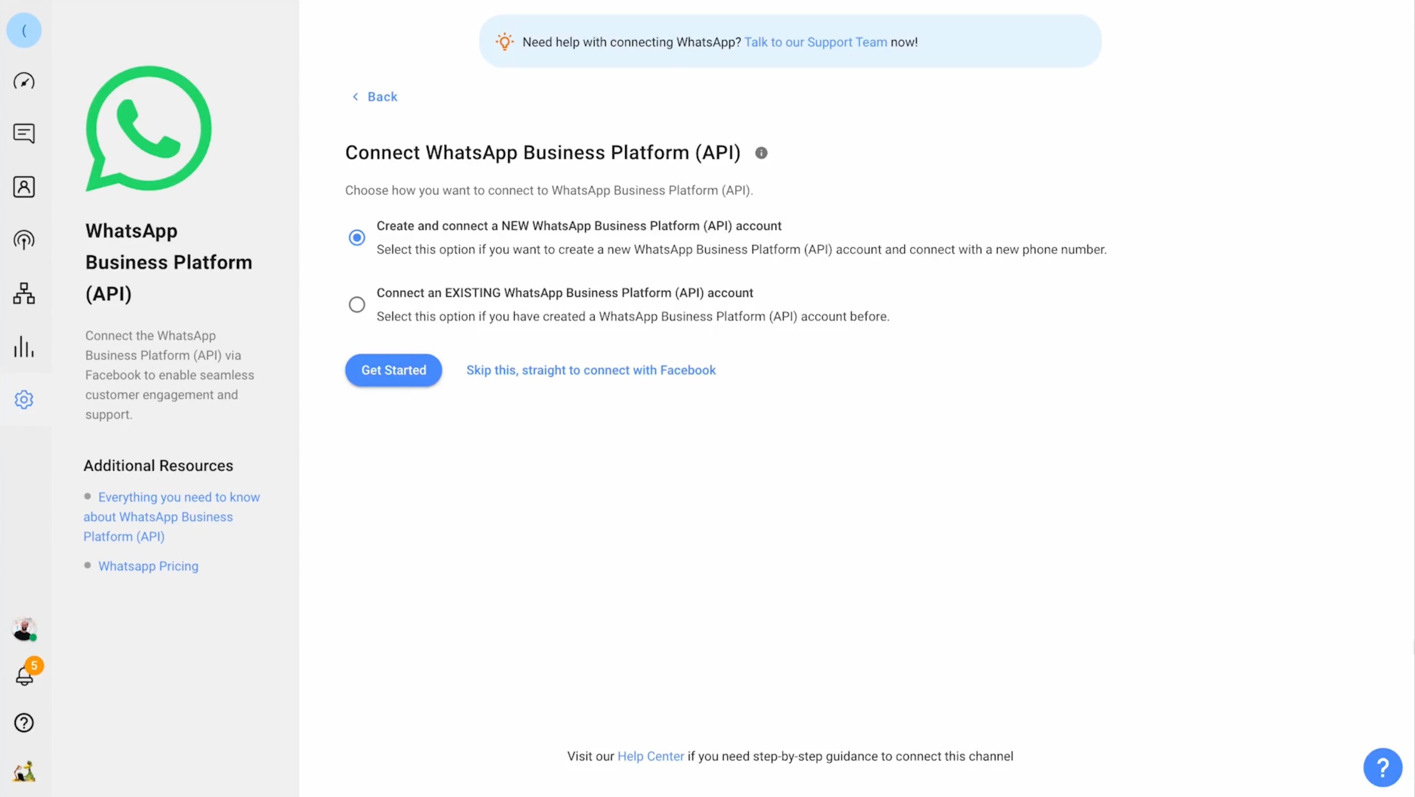 This image shows the second step on how to make WhatsApp API integration: Connect a new WhatsApp Business Platform