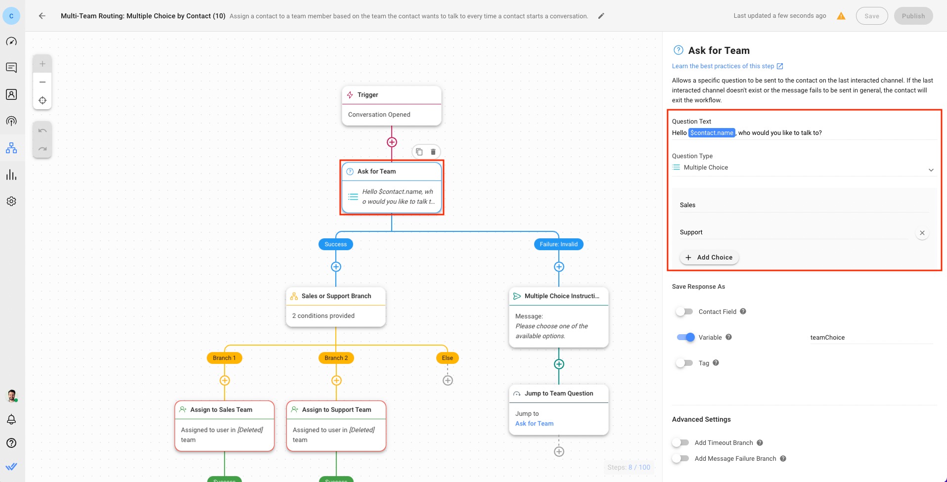 This image shows the first step to build a priority chat routing workflow with respond.io: Ask a question.