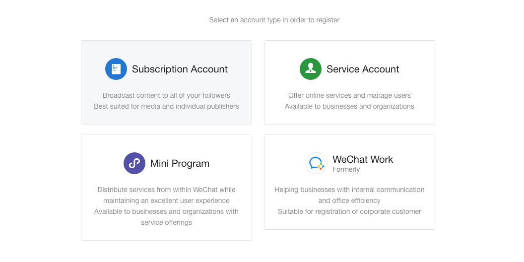 WeChat Official Account application - Account type selection
