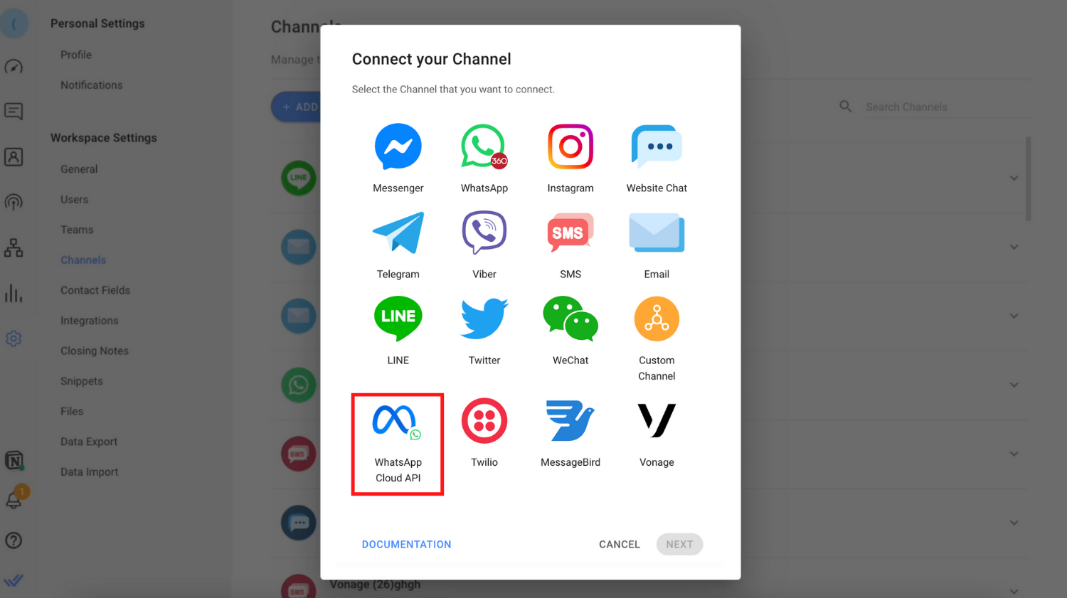 Click on the Settings module, choose channels and click on ADD CHANNEL. Then, click on the WhatsApp icon.