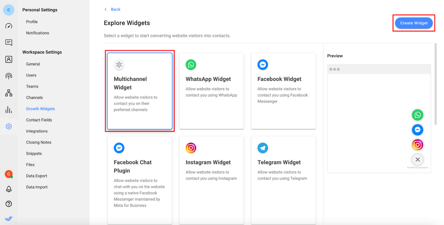 Click on Multichannel Widget, then click Create Widget