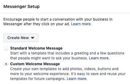 We used a custom welcome message to generate Facebook Messenger leads for our Facebook Messenger marketing campaign.