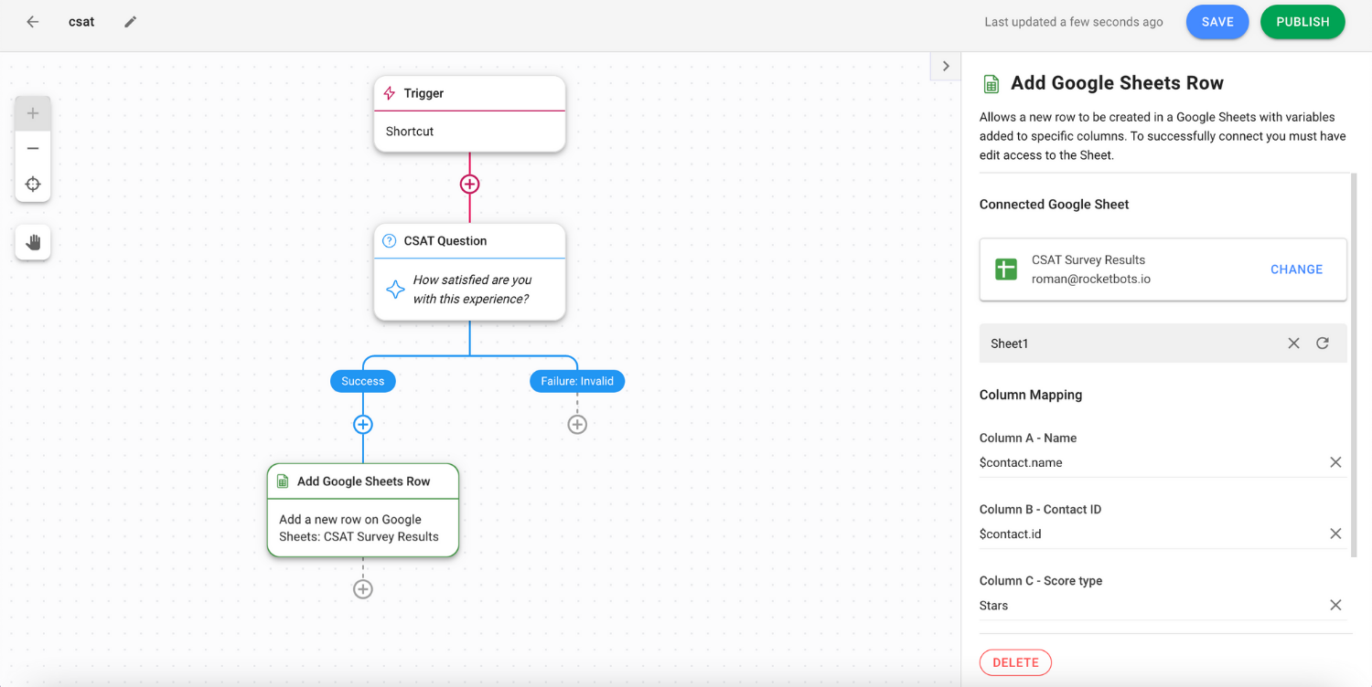 Viber Customer Survey: Example of Add Google Sheets Row Step for CSAT or customer satisfaction survey