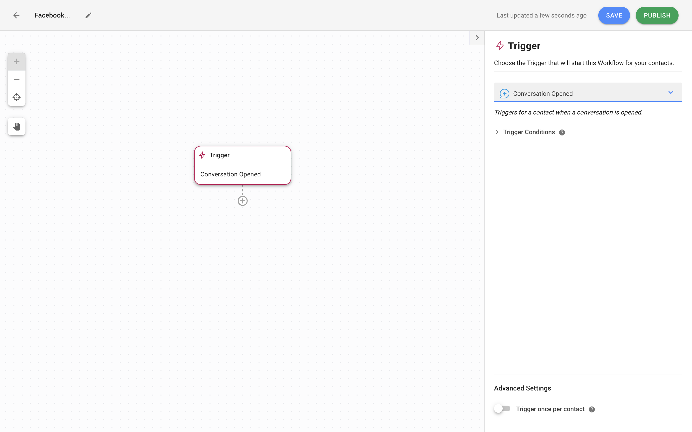 This is an image showing how to make auto reply on facebook messenger using respond.io. To start, set the Workflow trigger to Conversation Opened. Read the blog for more details on how to set up auto reply in facebook messenger.