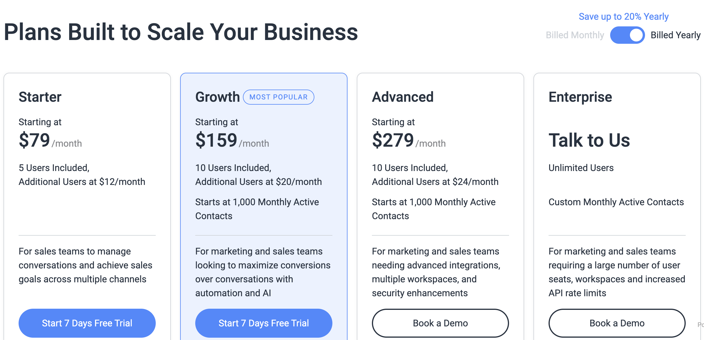 Table showing respond.io's new pricing plans: starter, growth, advanced and enterprise