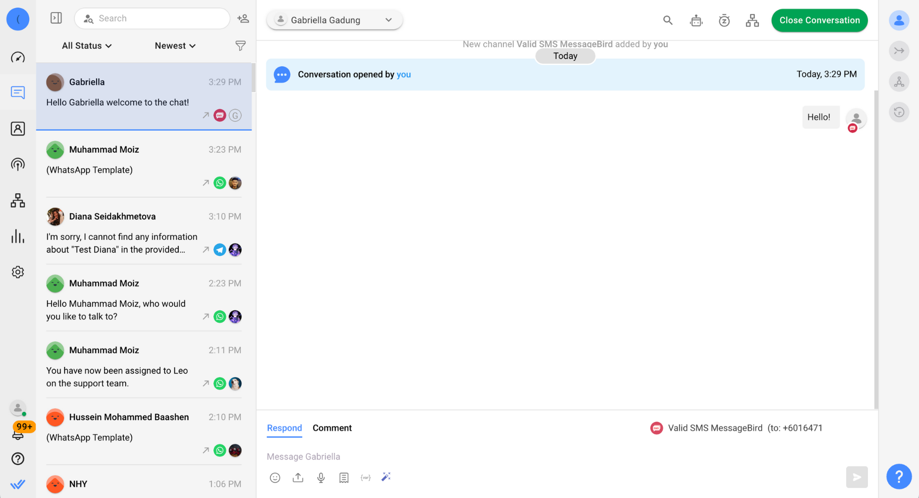 This is a picture showing how to send the first SMS message to your Contact. SMS is one of those channels that allow businesses to send the first message. To start a 1:1 conversation with your Contact, simply head to the Messages module.