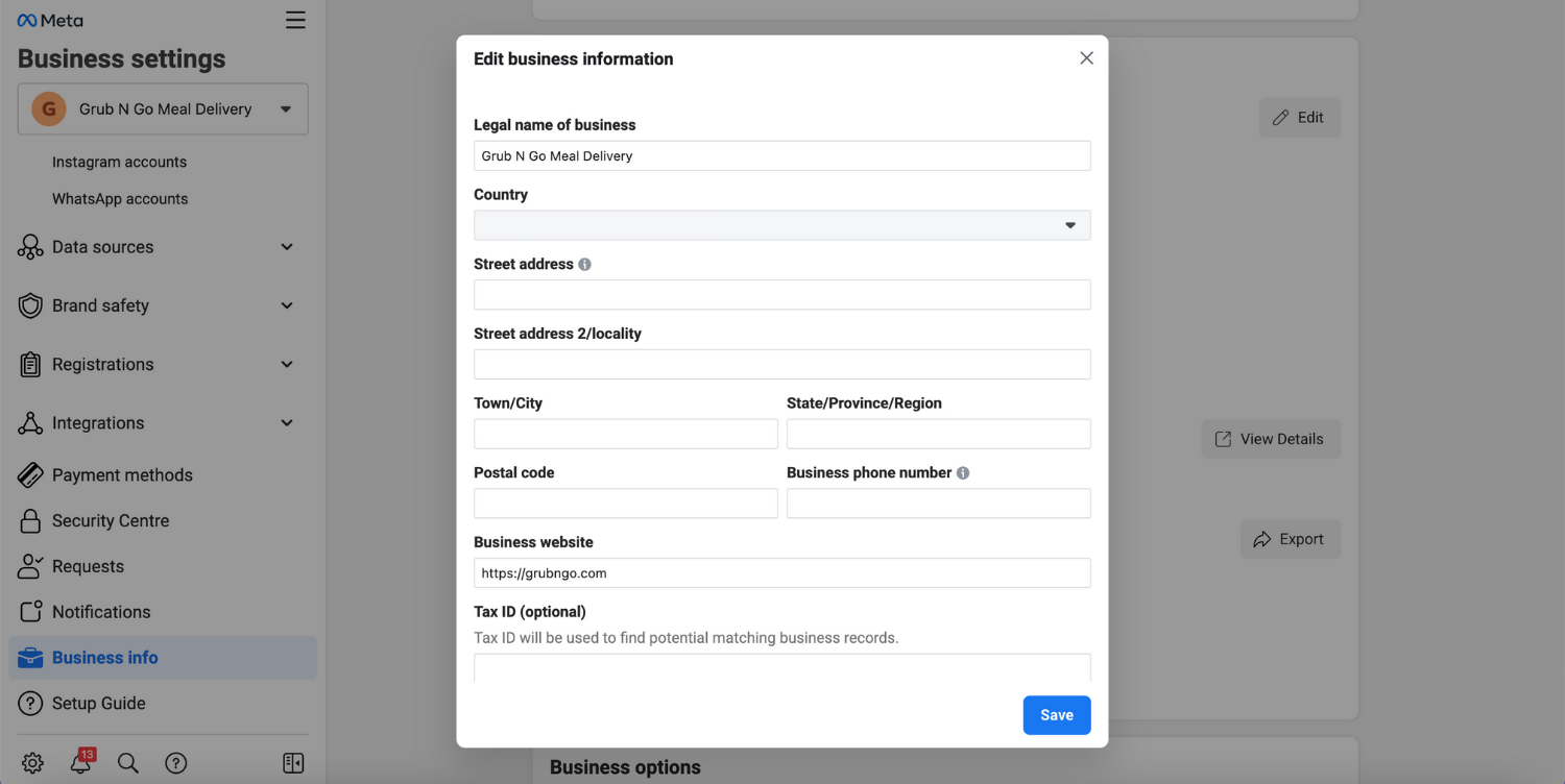 You need to fill in the Business Info Section of your Meta Business Manager