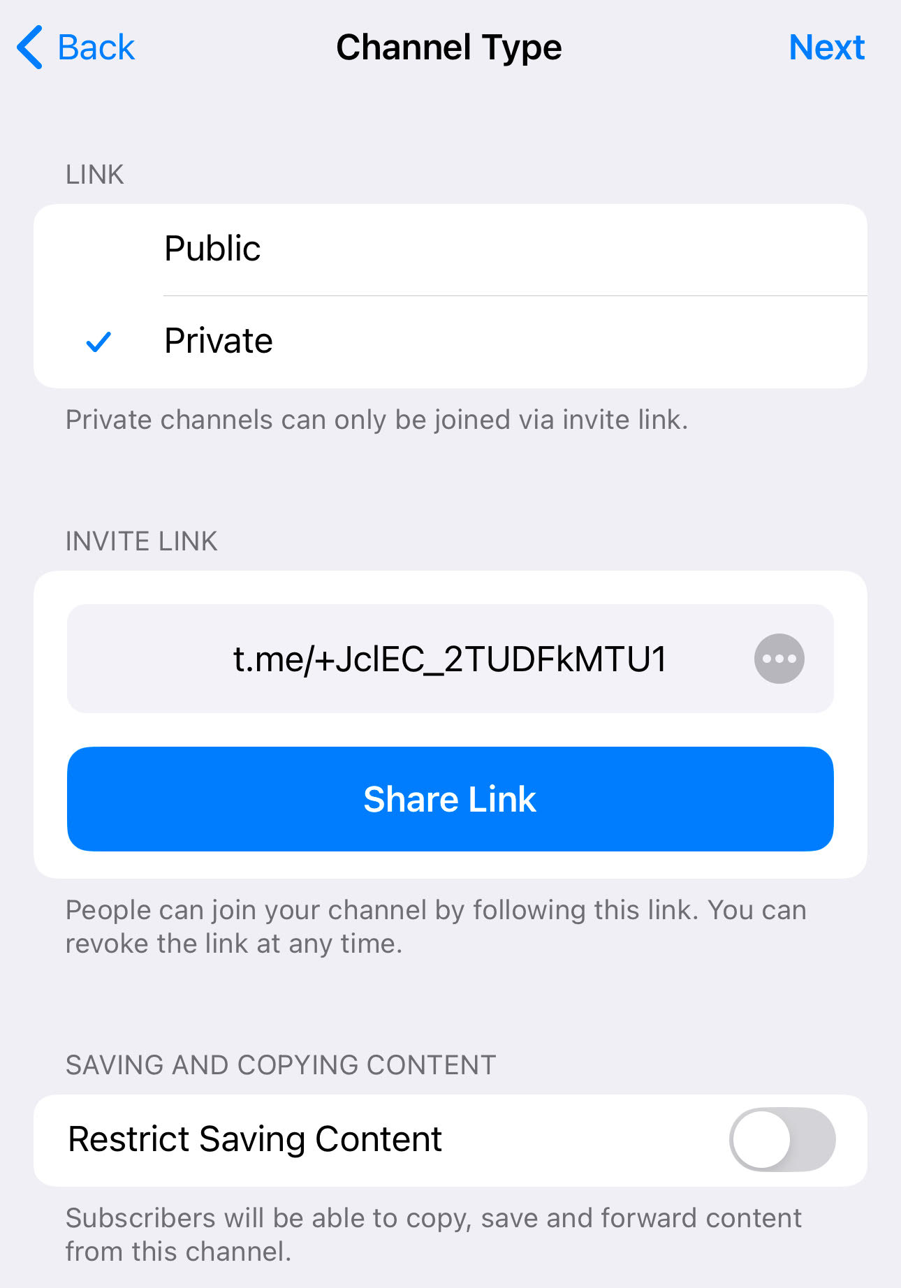 Depending on your Telegram channel’s purpose, select Private or Public accordingly