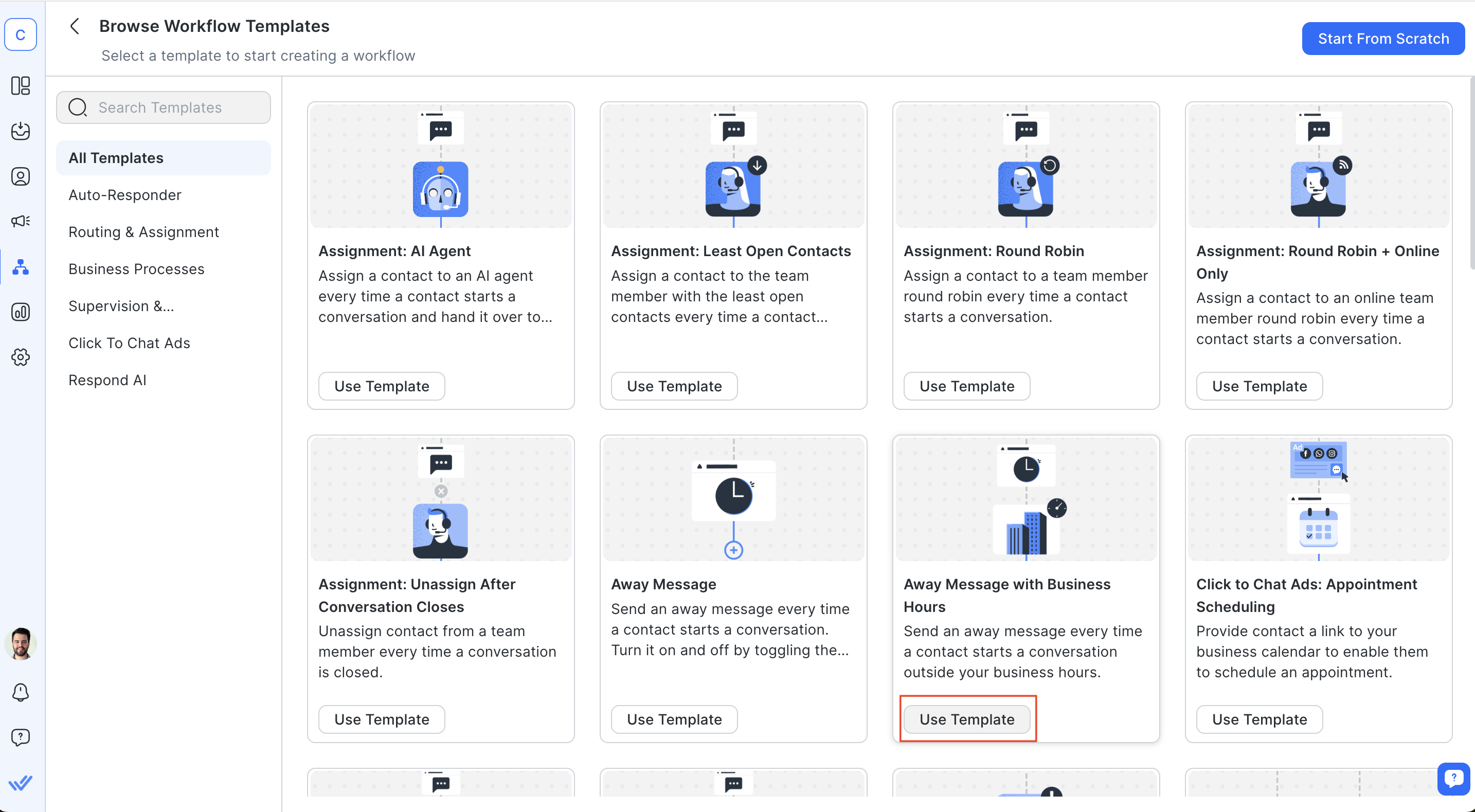 Respond.io auto reply for WhatsApp: Select the Workflow template