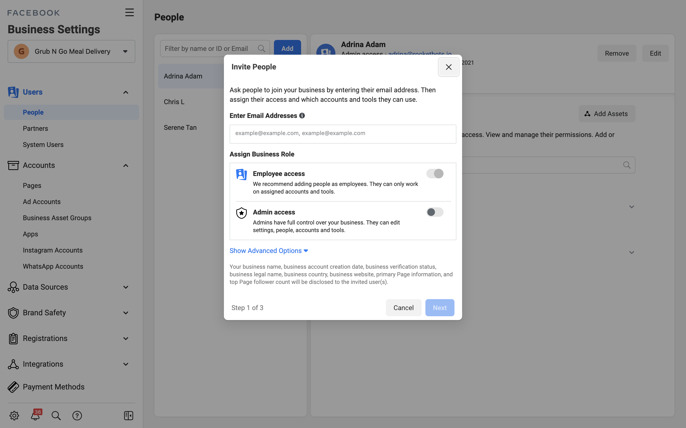 This is an image showing how to use instagram business account with multiple users. To enable multiple users on one Instagram account, enter the work email address of the Agent. You can choose to grant either Employee access or Admin access. Click Next when done.