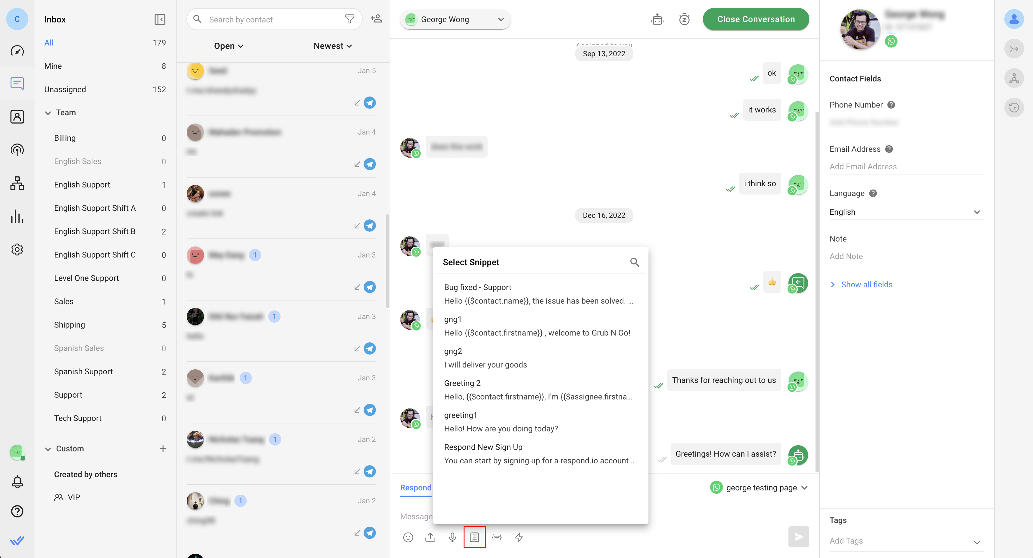 Sending WhatsApp quick reply on respond.io