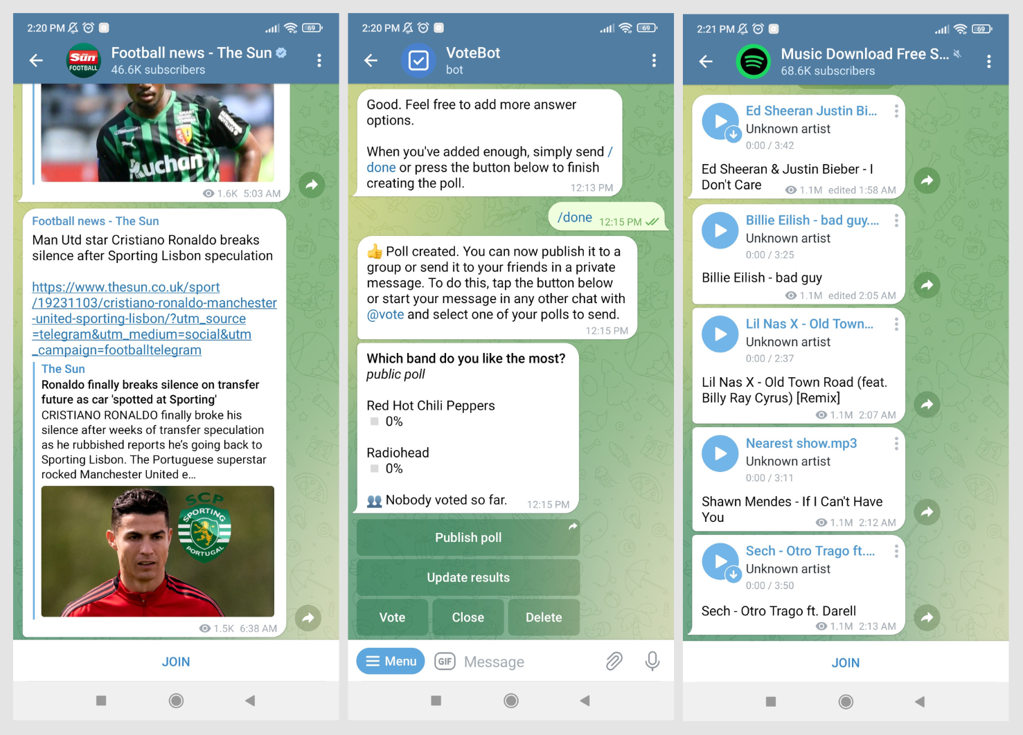 Some Telegram bot examples: Football news, poll creator and music downloads.