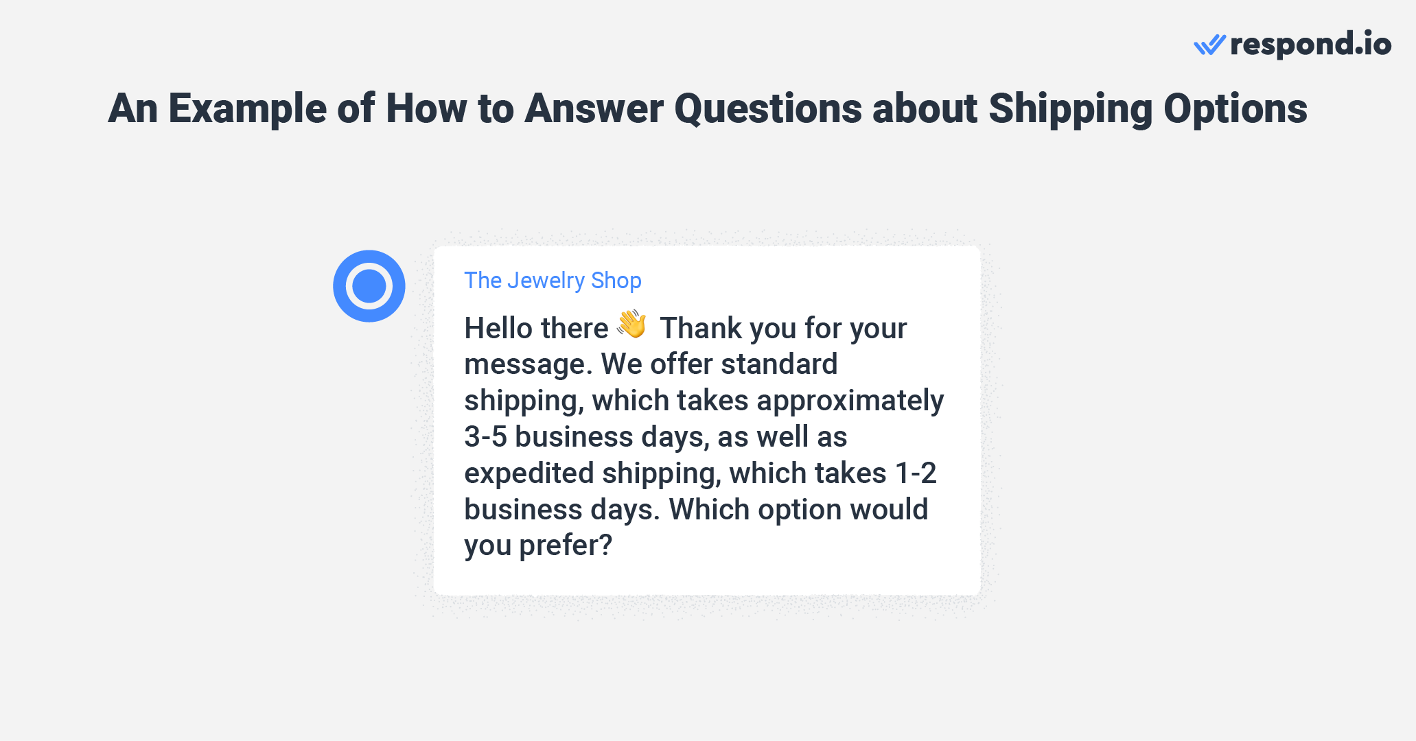 This is an image that shows an instagram dm examples for how to answer questions about shipping options. 1. “Hello there 👋 thank you for your message. We offer standard shipping, which takes approximately 3-5 business days, as well as expedited shipping, which takes 1-2 business days. Which option would you prefer?”