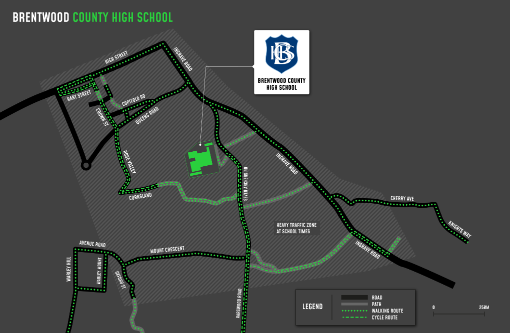 A map showing cycle and walking routes to and from Brentwood County High School