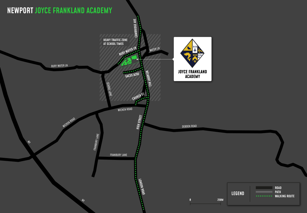 A map showing cycle and walking routes to and from Joyce Frankland Academy