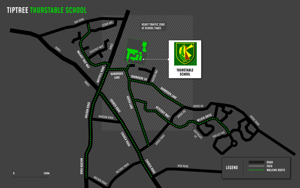 A map showing cycle and walking routes to and from Thurstable School