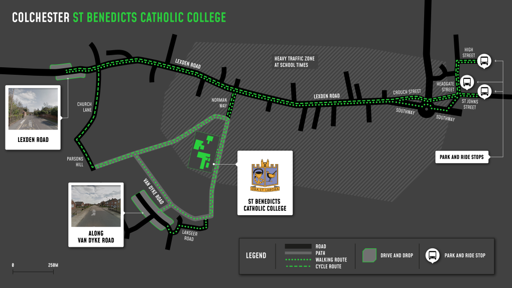 A map showing cycle and walking routes to and from St Benedict’s Catholic College