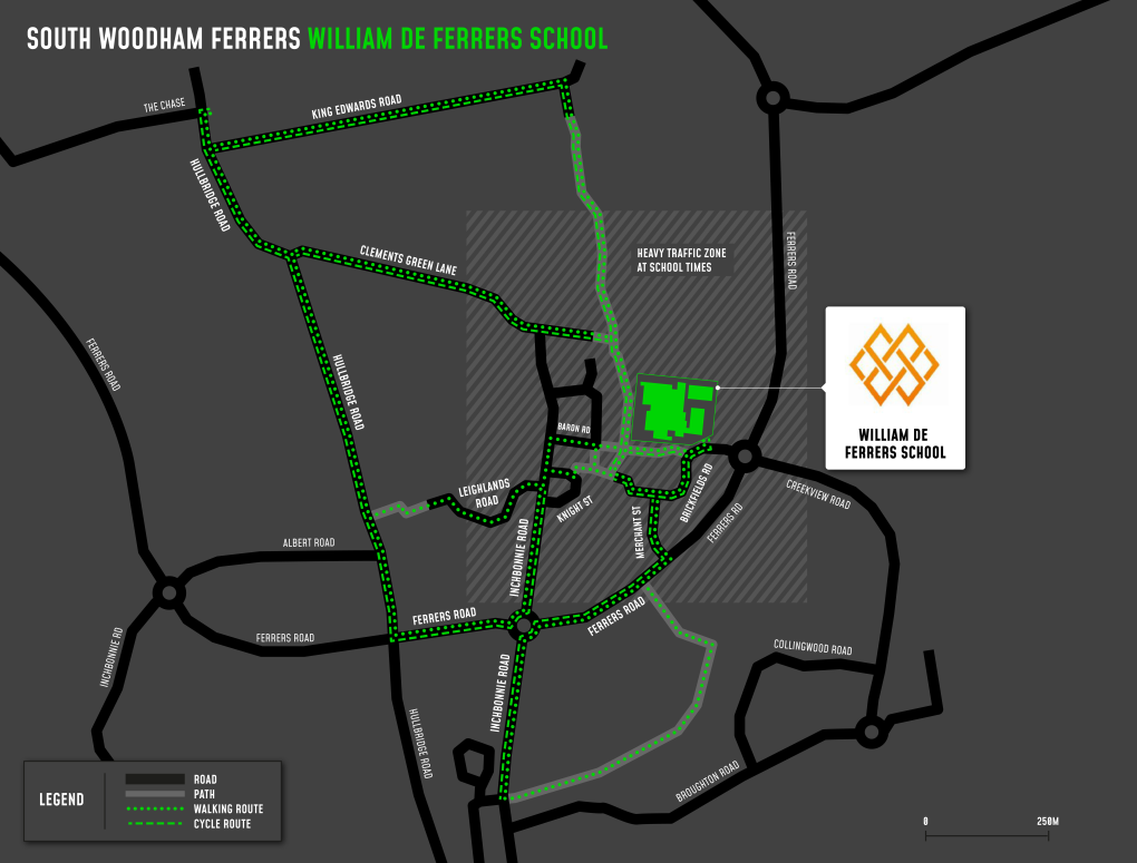 A map showing cycle and walking routes to and from William de Ferrers School