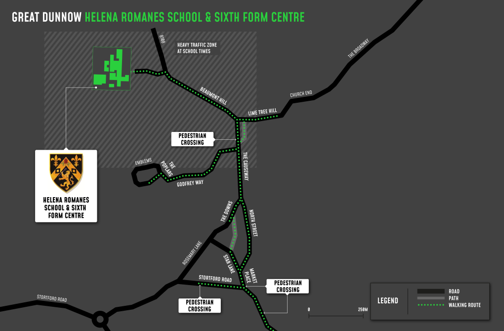 A map showing cycle and walking routes to and from The Helena Romanes School & Sixth Form Centre