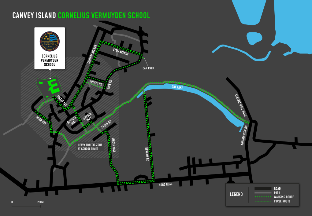 A map showing cycle and walking routes to and from Cornelius Vermuyden School