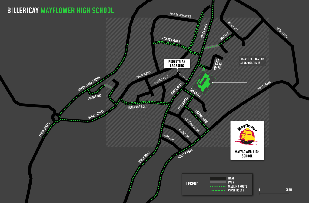 A map showing cycle and walking routes to and from Mayflower High School