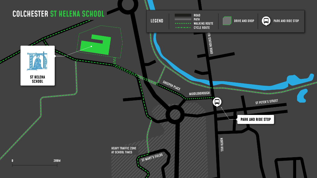 A map showing cycle and walking routes to and from St Helena School