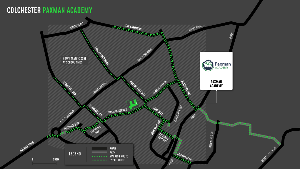 A map showing cycle and walking routes to and from Paxman Academy