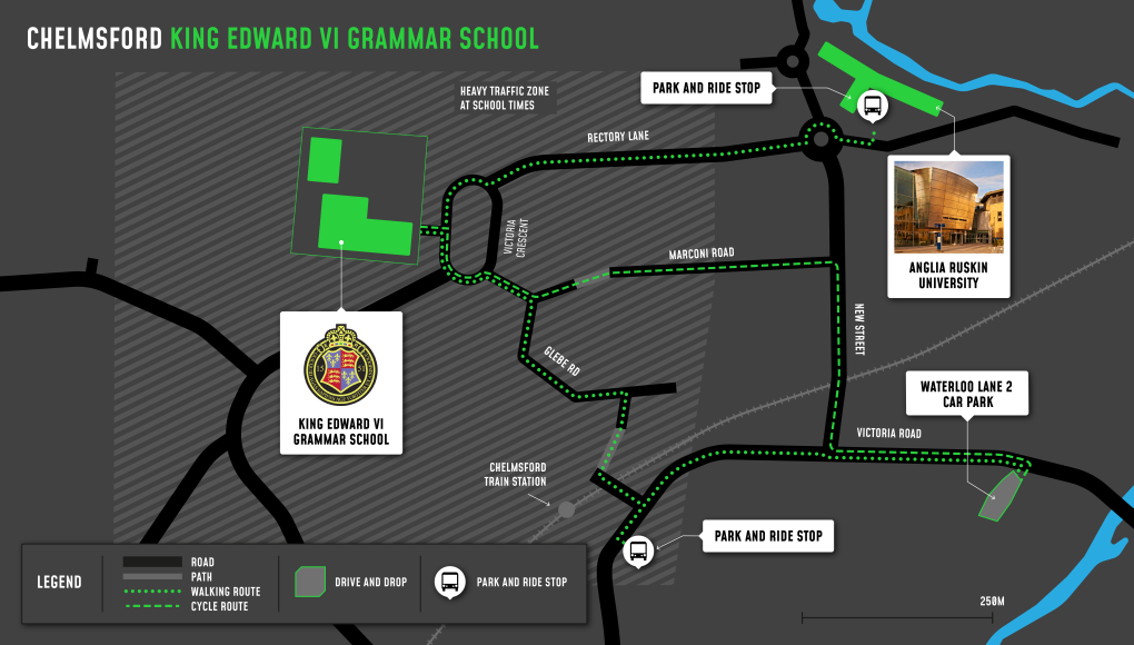 A map showing cycle and walking routes to and from King Edward VI Grammar School