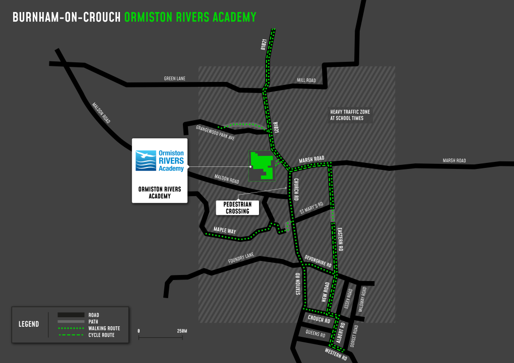 A map showing cycle and walking routes to and from Ormiston Rivers Academy