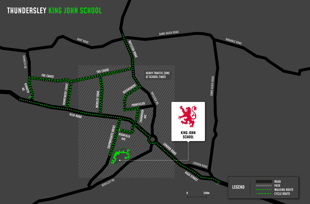 A map showing cycle and walking routes to and from The King John School