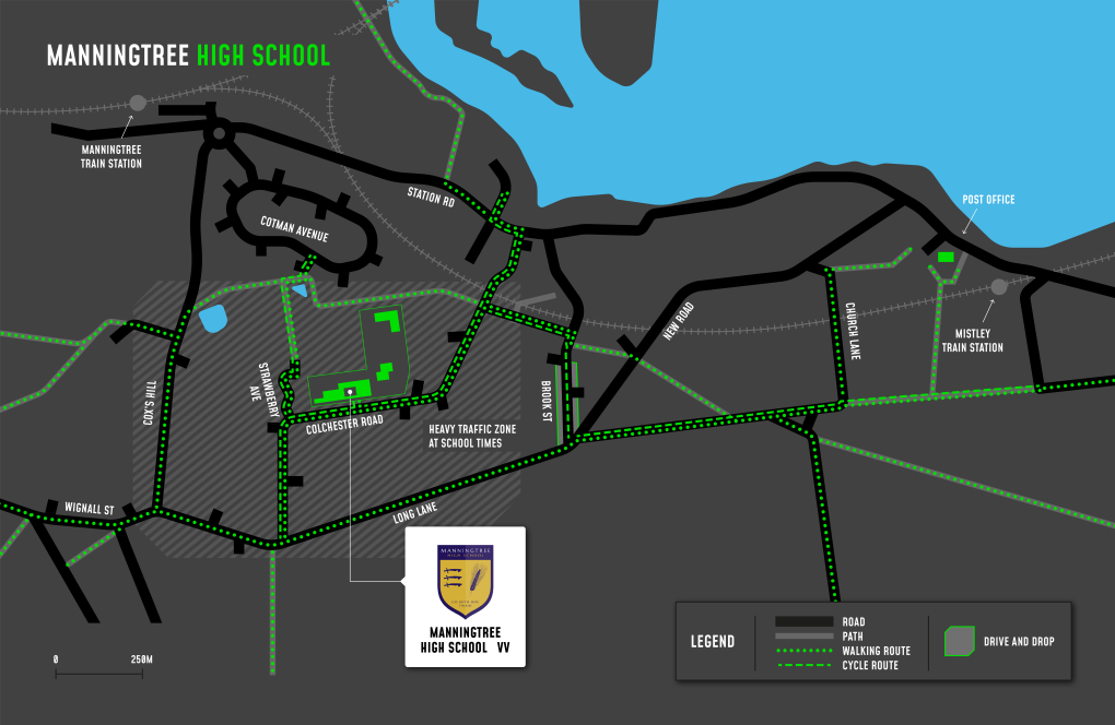 A map showing cycle and walking routes to and from Manningtree High School