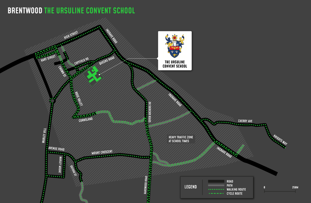 A map showing cycle and walking routes to and from Brentwood Ursuline Convent High School