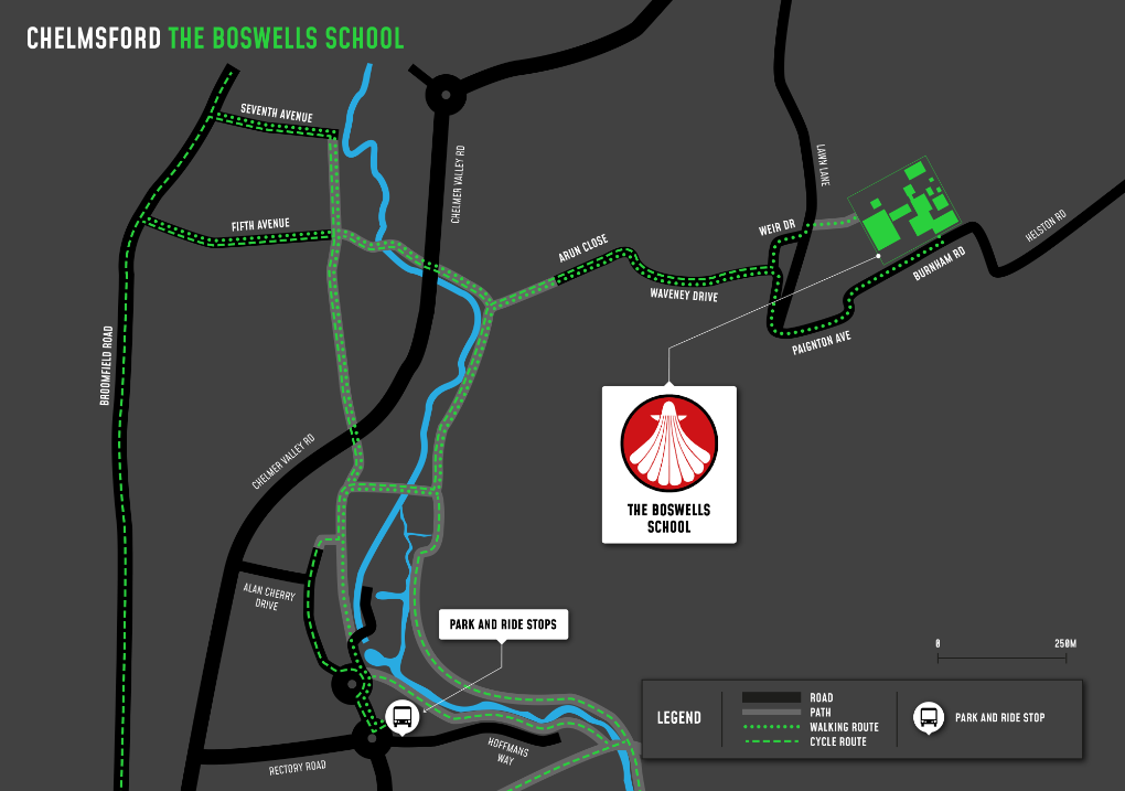 A map showing cycle and walking routes to and from The Boswells School