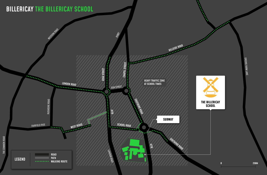 A map showing cycle and walking routes to and from The Billericay School