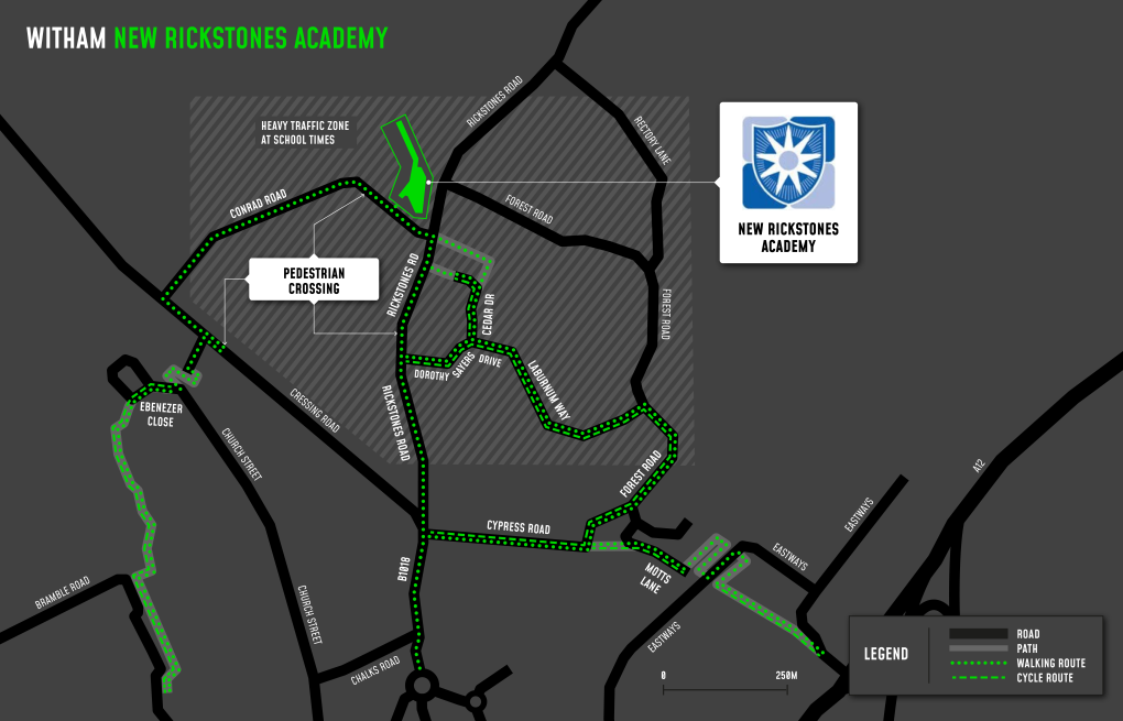 A map showing cycle and walking routes to and from New Rickstones Academy