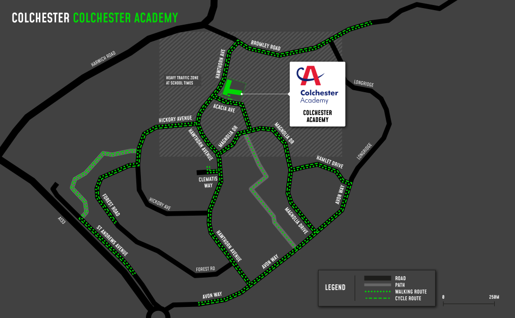 A map showing cycle and walking routes to and from Colchester Academy