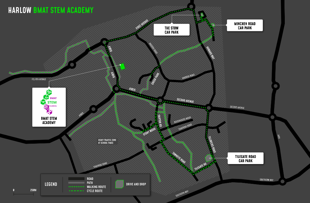 A map showing cycle and walking routes to and from BMAT STEM Academy