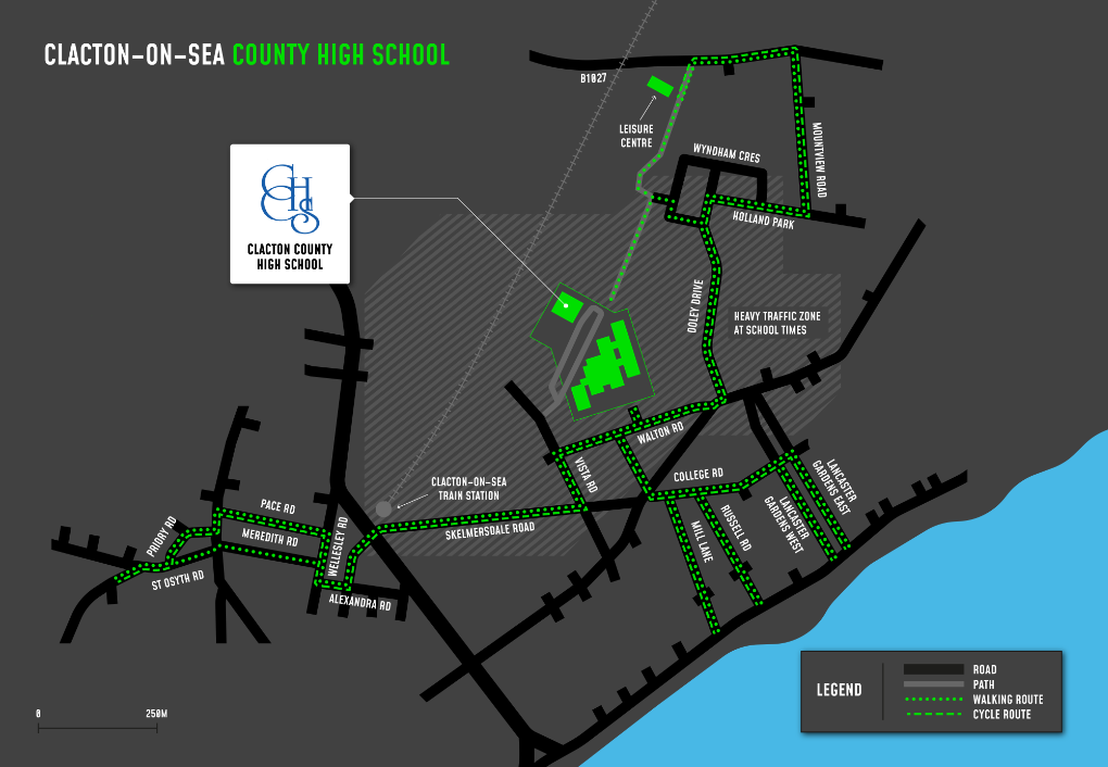 A map showing cycle and walking routes to and from Clacton County High School