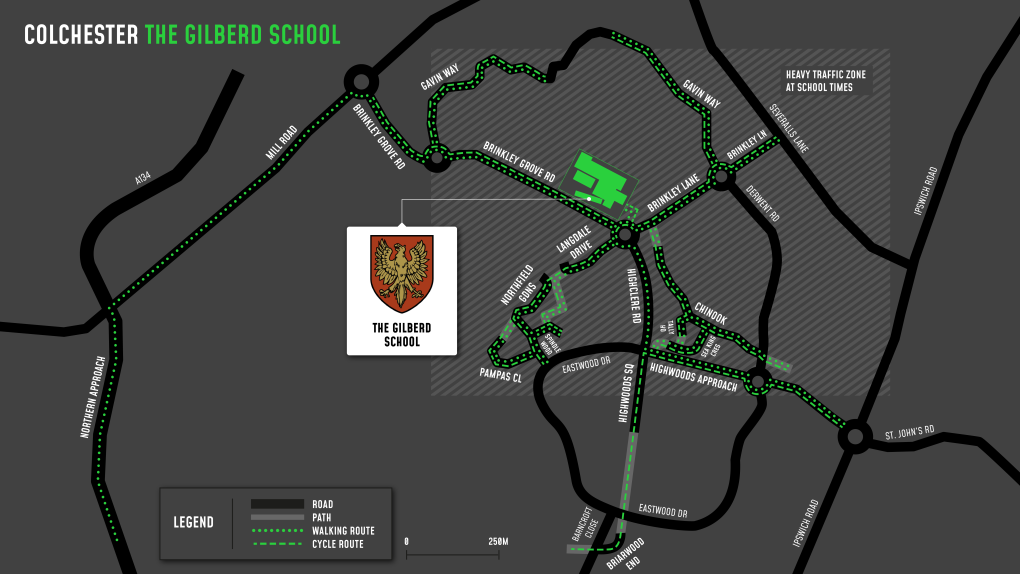 A map showing cycle and walking routes to and from The Gilberd School