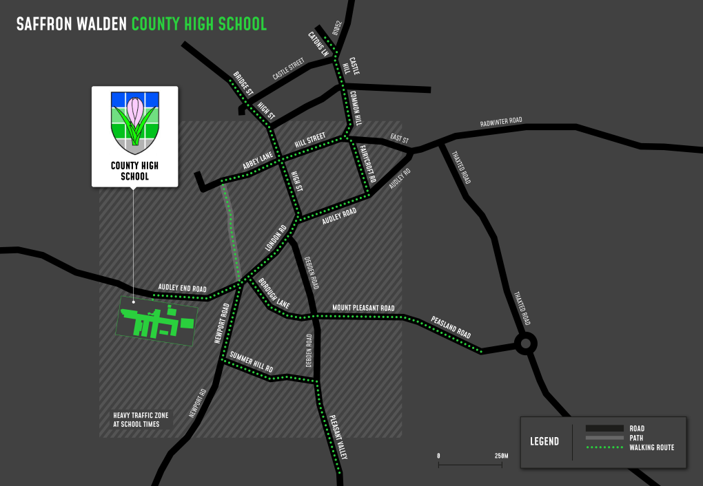 A map showing cycle and walking routes to and from Saffron Walden County High School